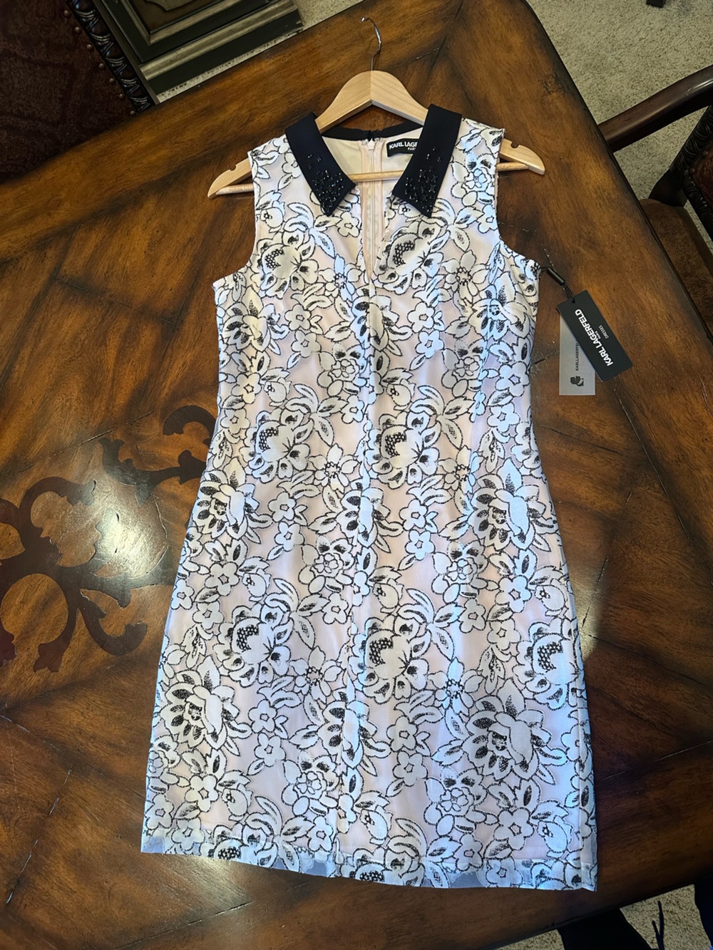 NWT Karl Lagerfeld Black Embellished Collar Sheath Dress with Blush Underlay, 4